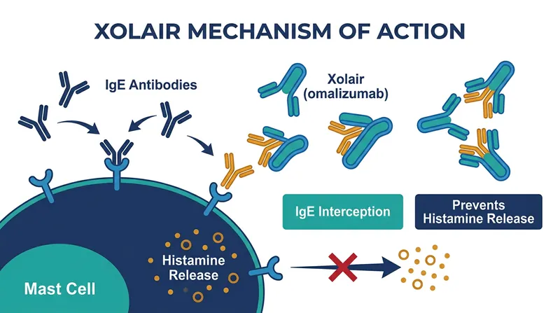 Biologics like Xolair intercept the immune system's IgE antibodies before they can trigger an allergic cascade.