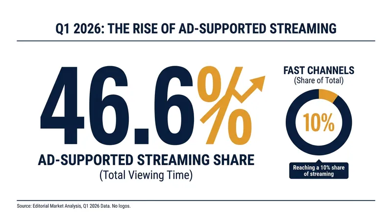 Ad-supported platforms captured nearly half of all streaming viewership in early 2026.