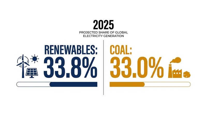 In 2025, the share of global electricity generated by renewables officially surpassed coal for the first time.