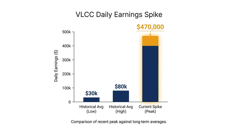 Daily earnings for supertankers navigating the Strait of Hormuz have surged to nearly $470,000.