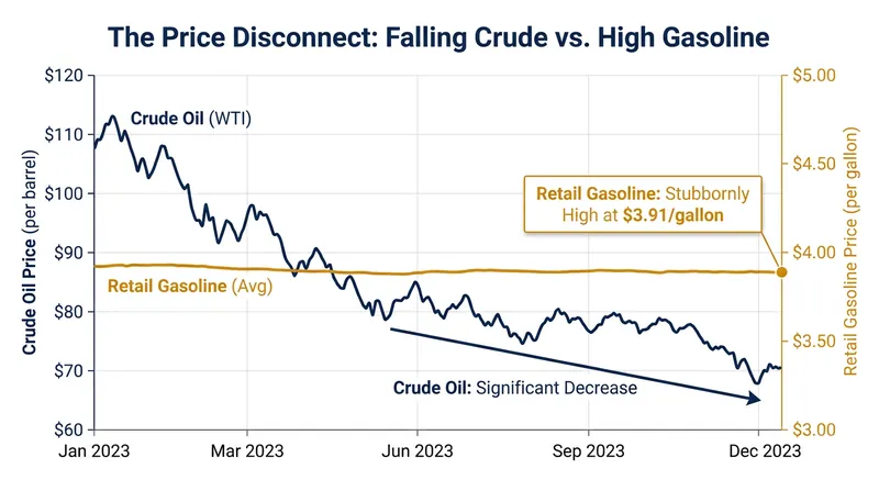 Retail gasoline prices have remained elevated despite a sharp drop in wholesale crude oil costs.