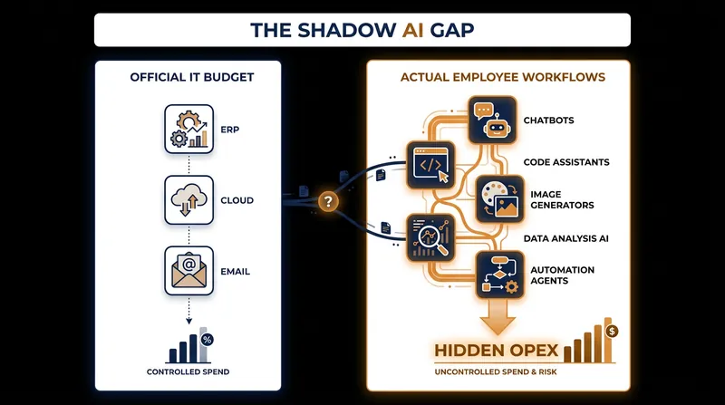 The discrepancy between what companies officially buy and what employees actually use.