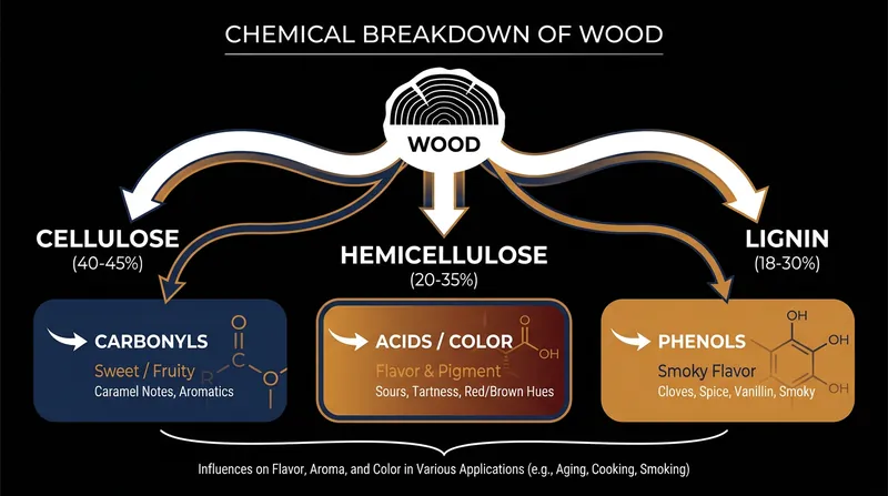 How the structural polymers in wood break down into distinct flavor compounds under heat.