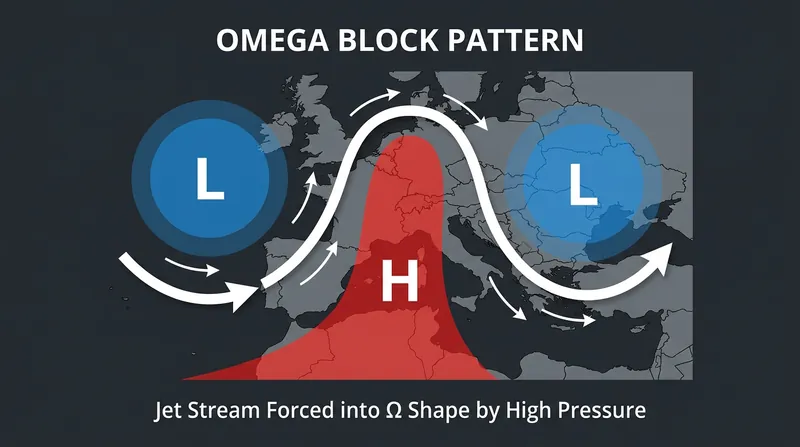 An 'Omega block' traps high-pressure hot air in place, preventing cooler weather systems from moving in.