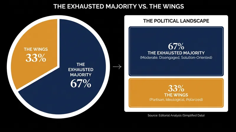 The 'Hidden Tribes' study identified that 67% of Americans belong to an 'Exhausted Majority' tired of partisan tribalism.