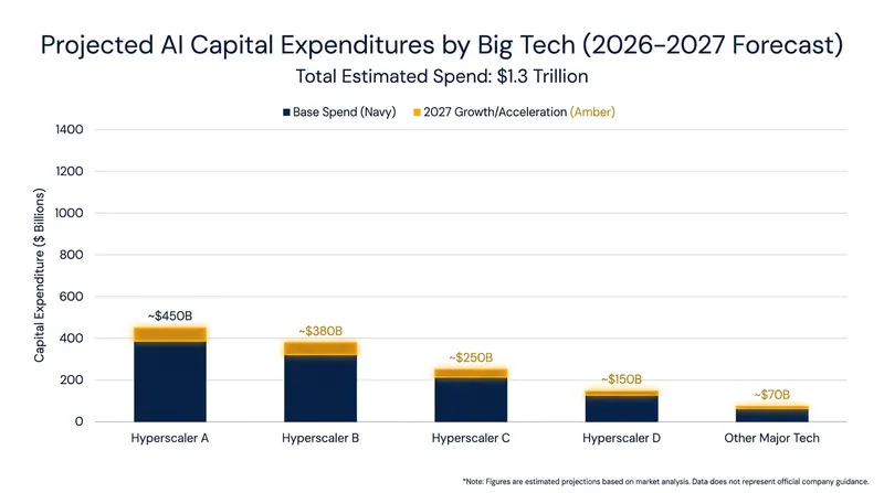 Big Tech companies are projected to spend a combined $1.3 trillion on AI infrastructure over the next two years.