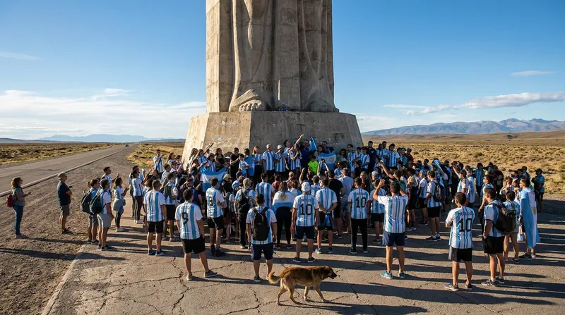 Fans gather at the base of the 70-ton concrete structure along National Route 22.