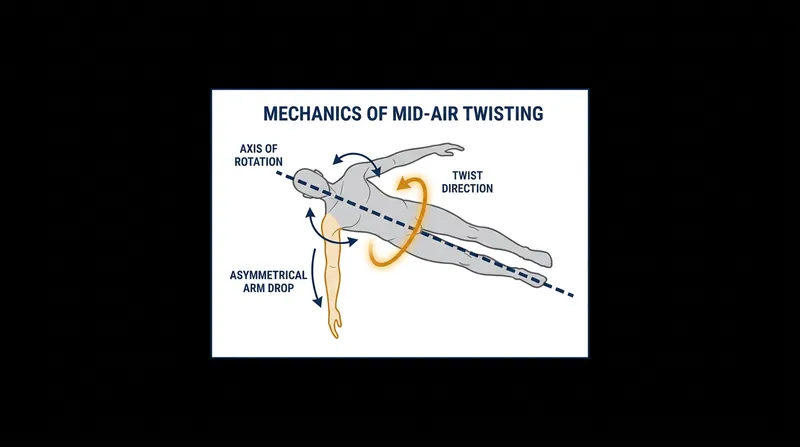 By dropping an arm or shifting their hips, a gymnast creates a mid-air tilt that forces the body to twist in order to conserve angular momentum.