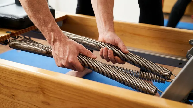 The Reformer's springs provide both assistance for beginners and progressive resistance for advanced strength training.