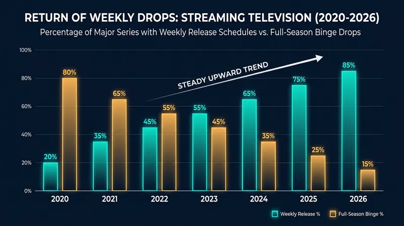 Major platforms are increasingly abandoning the binge model to sustain cultural relevance and reduce subscriber churn.