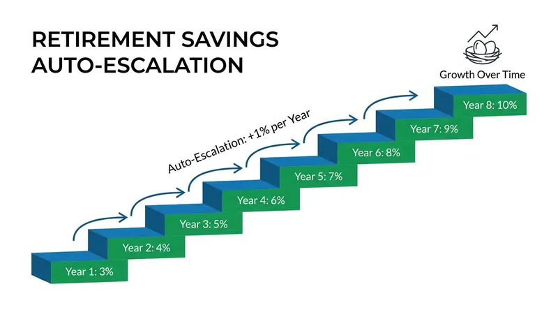 Auto-escalation slowly increases a worker's savings rate over time, usually tied to annual raises.