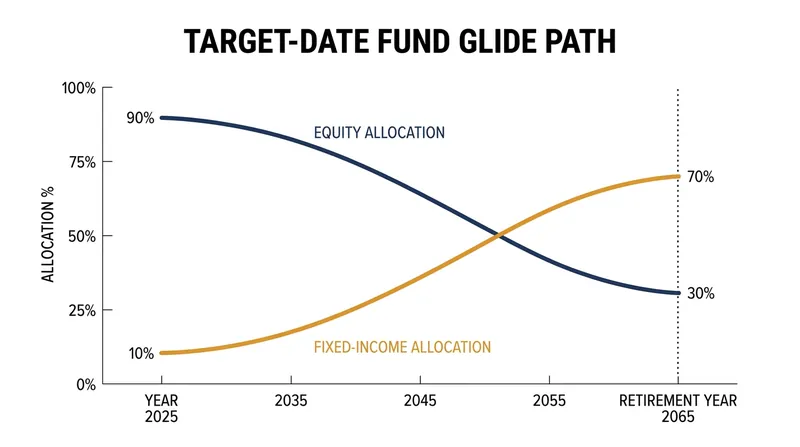 A target-date fund automatically shifts from aggressive stocks to conservative bonds as retirement approaches.