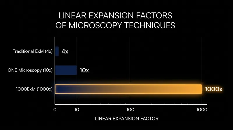 The evolution of expansion microscopy has seen linear magnification factors jump from 4x to 1000x over the last decade.