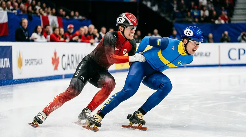 Relay exchanges in short track rely on a physical push rather than a baton, transferring momentum to the incoming skater.