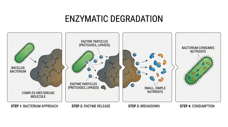 Beneficial bacteria produce enzymes that break down microscopic grime into consumable nutrients.