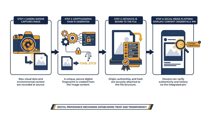 How cryptographic watermarks travel from the camera sensor to a social media feed.