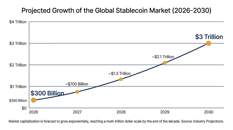 The global stablecoin market is projected to grow tenfold by the end of the decade as major banks enter the space.
