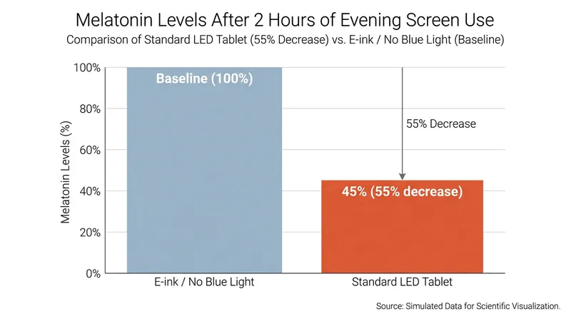 Evening exposure to blue light from standard tablets suppresses melatonin production by up to 55 percent.