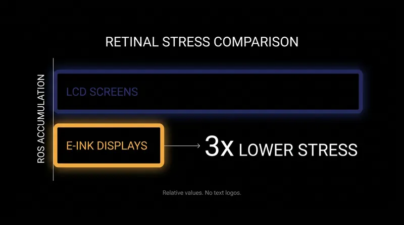 Harvard research indicates e-ink displays cause up to three times less oxidative stress on retinal cells than LCDs.