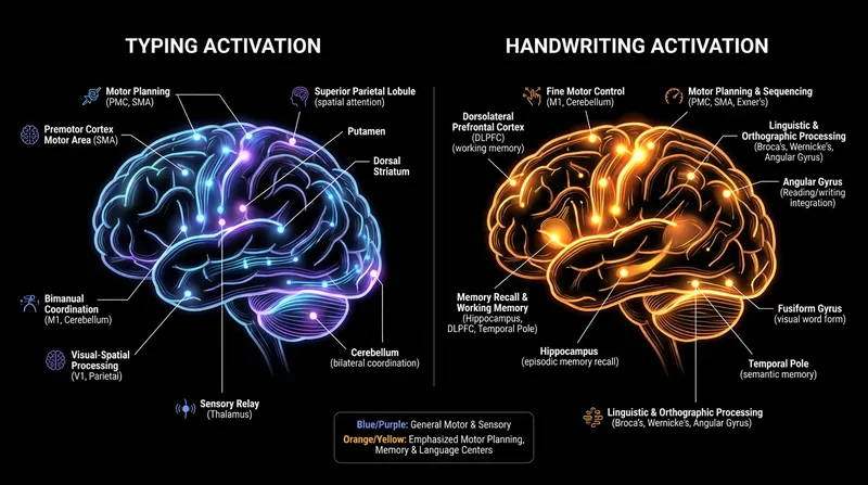 Handwriting activates 13 distinct brain regions, fostering deeper memory encoding than typing on a keyboard.