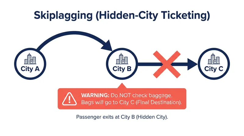 Skiplagging involves abandoning the final leg of a connecting flight, but it violates airline policies and prevents you from checking bags.