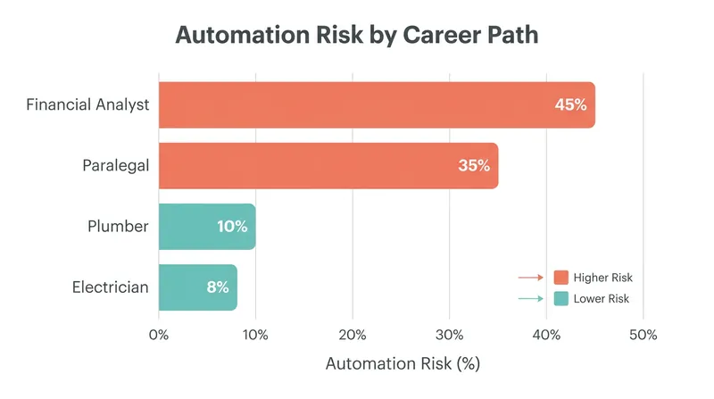 Physical trades and specialized technical roles face significantly lower automation risks compared to mid-level white-collar desk jobs.
