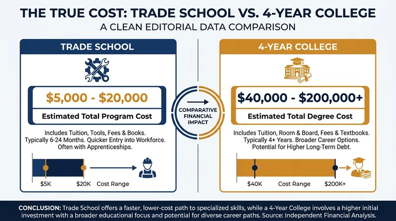 The true cost comparison between trade school and a four-year degree reveals a massive gap in initial investment.
