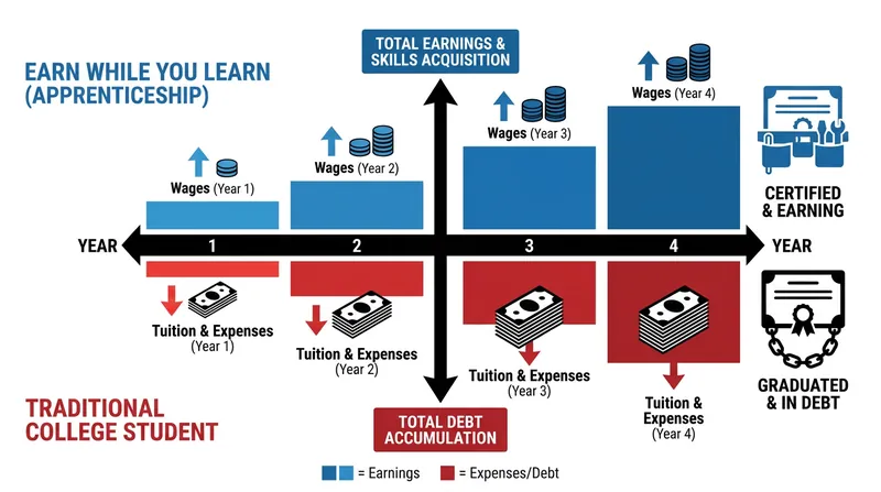 The 'Earn While You Learn' model allows apprentices to build wealth immediately, bypassing the opportunity cost of four years out of the workforce.