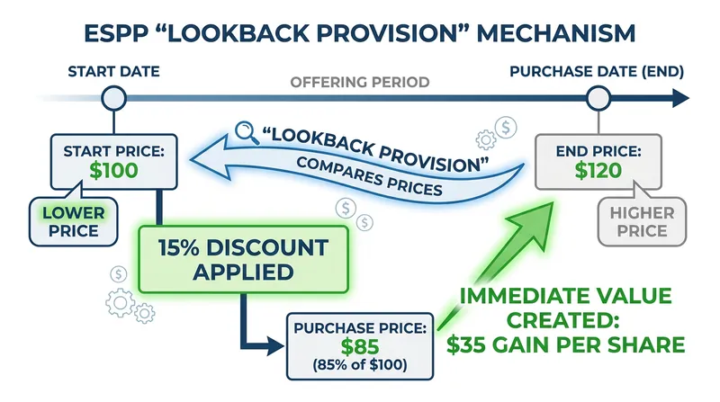 The lookback provision in many ESPPs allows employees to purchase shares at a discount to the lowest price during the offering period.