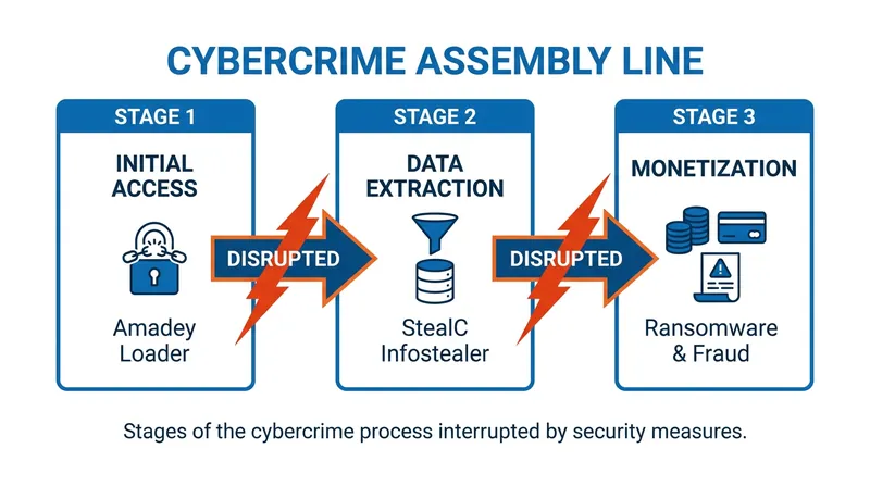 By targeting the shared infrastructure of multiple malware tools, defenders broke the cybercrime assembly line.