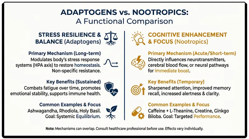 While often marketed together, adaptogens and nootropics serve distinct physiological functions.