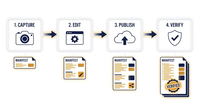 The C2PA manifest updates at every stage of the creative process, creating an immutable history.