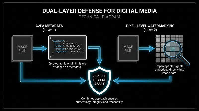 Modern compliance requires both metadata manifests and pixel-level watermarking to survive tampering.