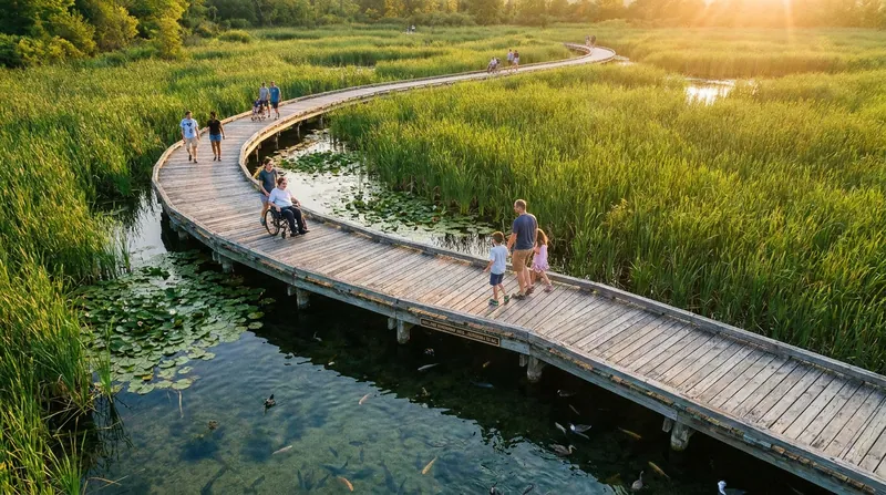 Elevated boardwalks provide universal access while protecting delicate ecosystems from heavy foot traffic.
