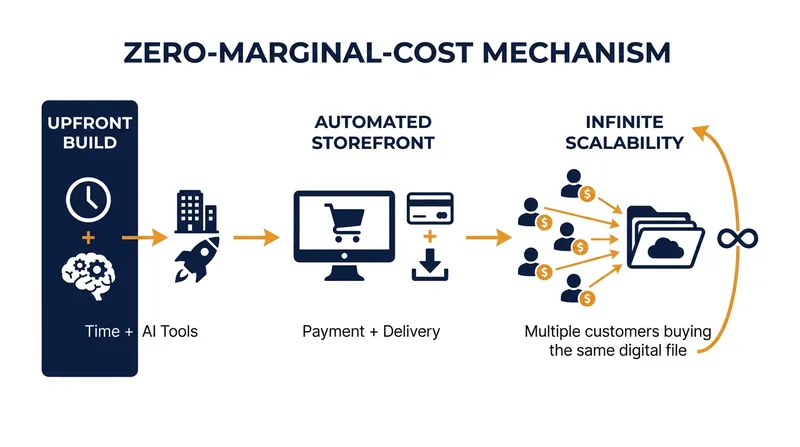 How zero-marginal-cost digital products decouple income from hourly labor.