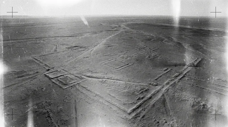 The 1960s imagery preserves the geometric outlines of ancient Roman forts in the Syrian desert before modern agriculture erased them.