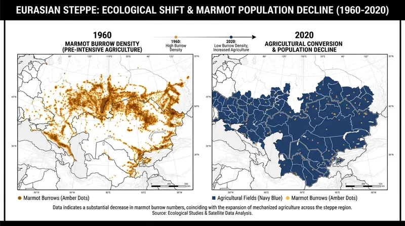 By tracking marmot burrows visible from space, ecologists proved that 1960s agricultural expansion caused a delayed population crash.