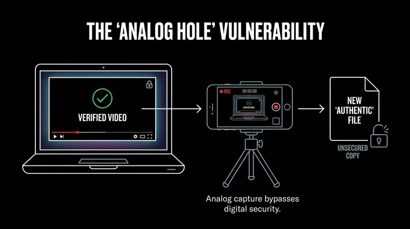 The 'analog hole' remains a challenge: recording a screen can bypass digital watermarks.