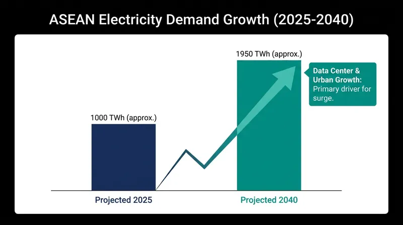 Electricity demand in Southeast Asia is projected to nearly double by 2040, driven by industrialization and digital infrastructure.