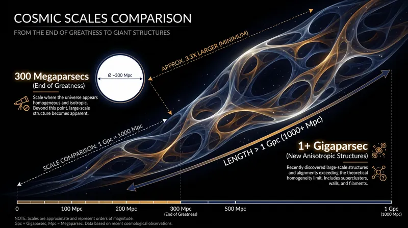 The newly detected anisotropic structures far exceed the 300-megaparsec theoretical limit where the universe is supposed to become smooth.