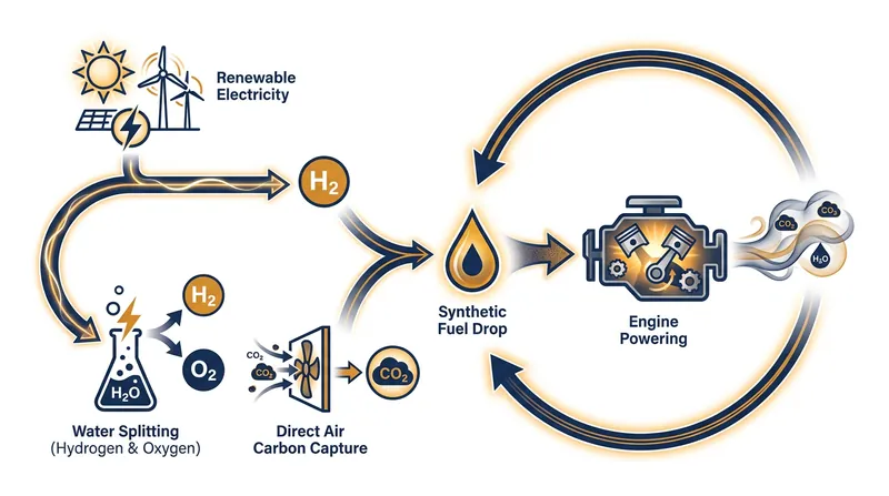 Synthetic fuels create a closed carbon loop by utilizing captured atmospheric carbon dioxide.