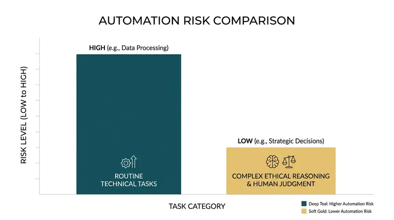 Routine coding and data processing face high automation risk, while ethical reasoning remains a uniquely human domain.