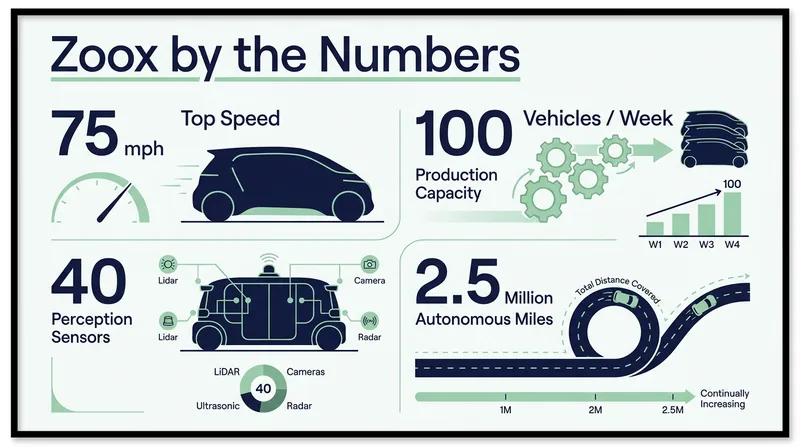 Key specifications and operational milestones for the Zoox robotaxi fleet.