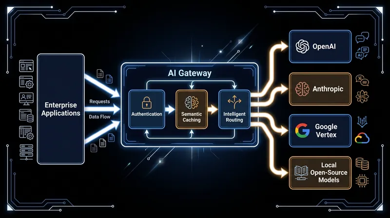 How an AI gateway abstracts multiple LLM providers behind a single API.