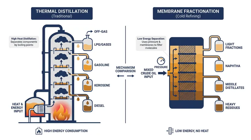 Membrane fractionation separates hydrocarbon molecules by size and shape, bypassing the energy-intensive phase changes of thermal distillation.