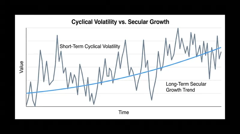 While month-to-month semiconductor sales fluctuate wildly, the long-term secular trend remains steeply upward.
