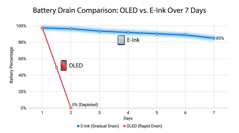 Because e-ink only draws power when changing states, battery life is measured in weeks rather than hours.