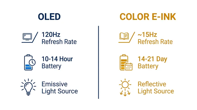 Core hardware trade-offs between emissive and reflective display technologies.