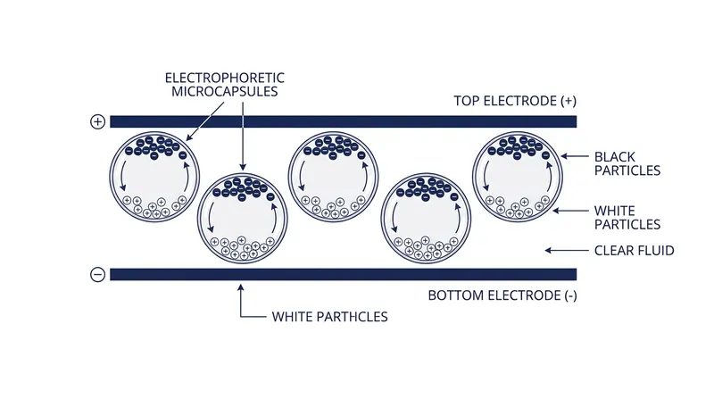 Electrophoretic displays physically move pigment particles to form images, requiring zero power to maintain a static page.