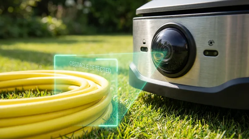 AI Vision cameras allow modern mowers to dynamically spot and steer around unexpected obstacles like hoses and toys.